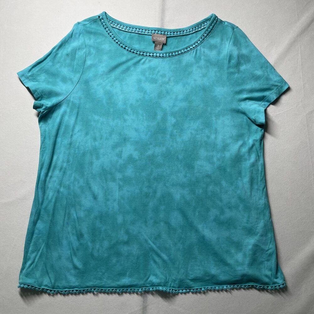 Chico's Women's Short Sleeve Pom-Pom Trim Scoop Neck Knit Top Blue Size 3, US 16